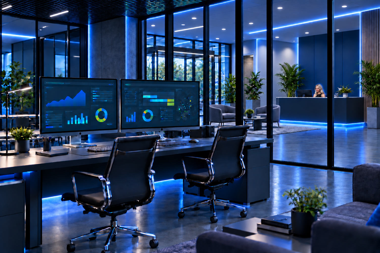 Fictional software office with dashboard monitors and, beyond the glass, a reception desk, receptionist and visitor seating